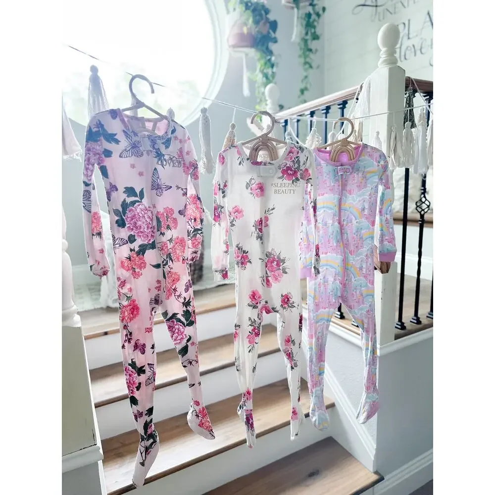 3 Dreaming Beauty Floral + Princess Snug Fit Cozy Pajama Footie Sleepers 3T/4T